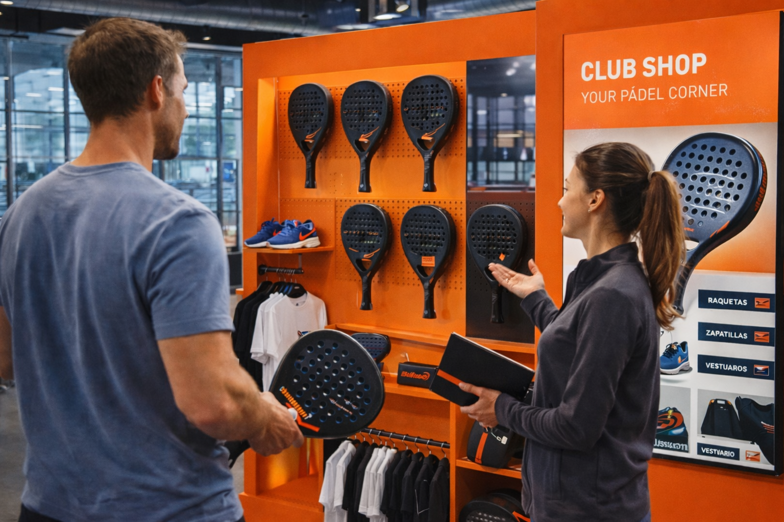 Exposición profesional de palas de pádel en tienda